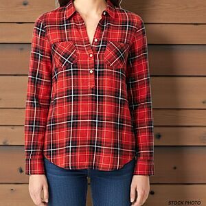 Merona Women's Long-Sleeve Red Plaid Half Button  Popover Shirt